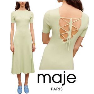 MAJE Verts Ruched Lace-Up Ribbed Stretch-Knit Midi Dress‎ Sz 42 (US XL) $415